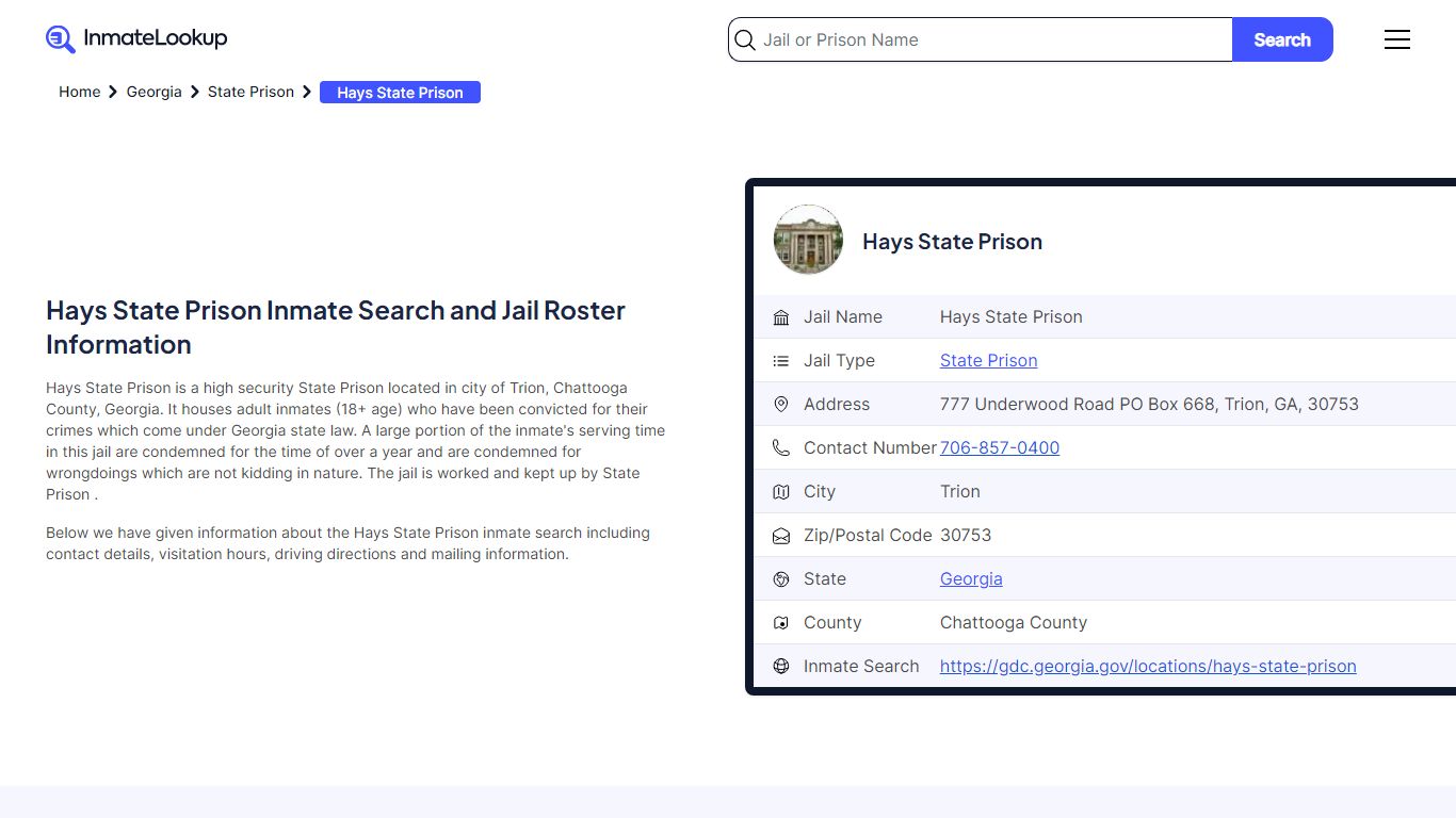 Hays State Prison Inmate Search and Jail Roster Information
