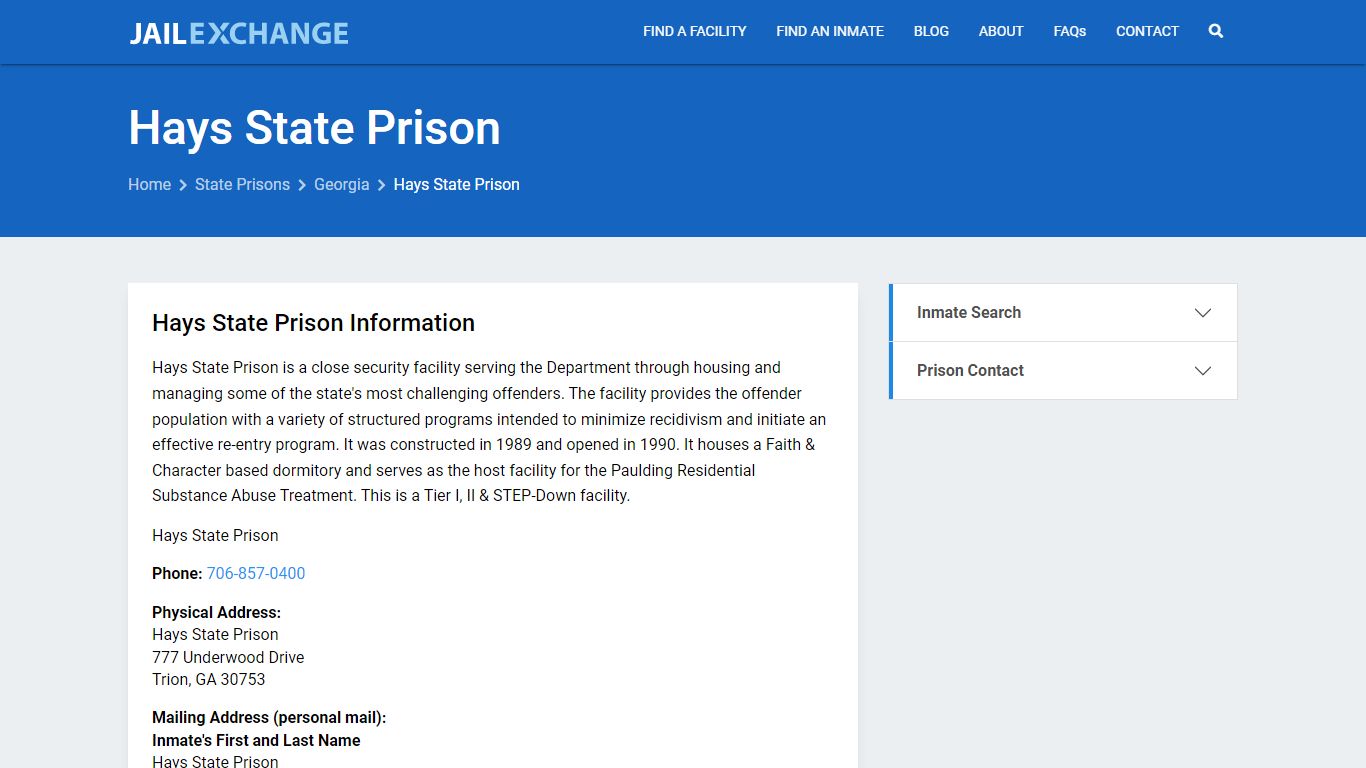 Hays State Prison Inmate Search, GA - Jail Exchange