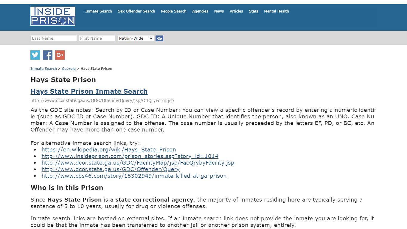 Hays State Prison - Georgia - Inmate Search