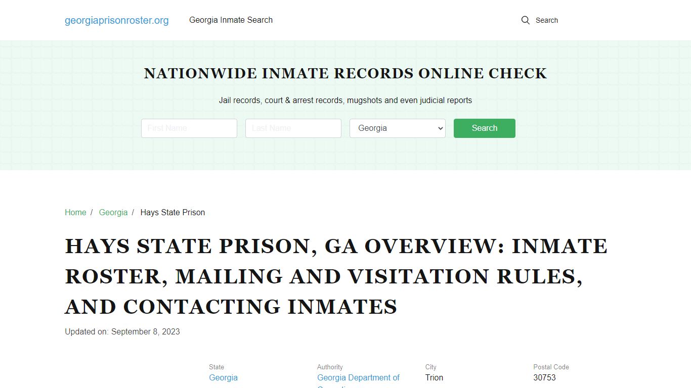 Hays State Prison, GA: Inmate Search, Visitation & Contacts